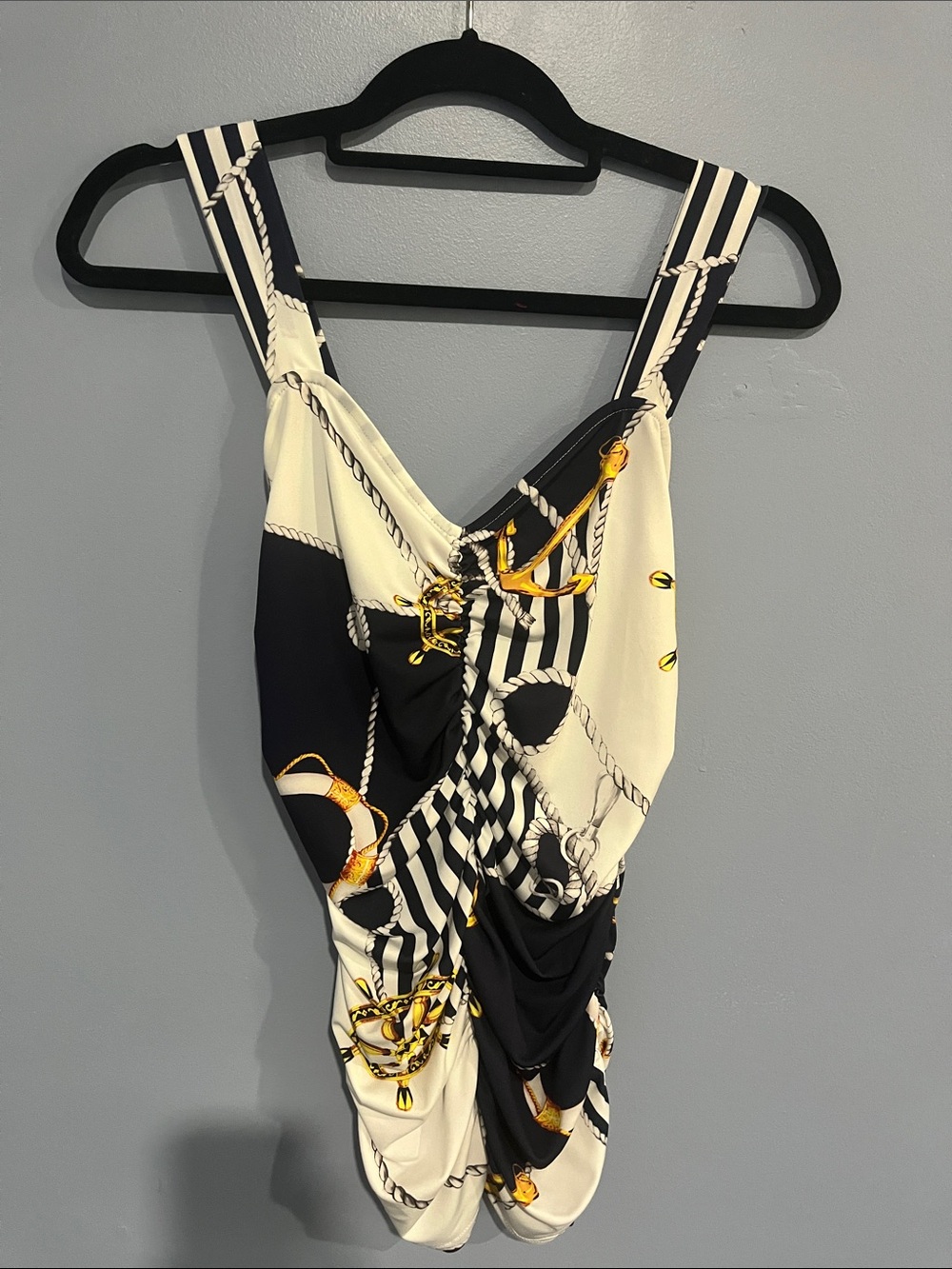 VENUS Navy, White & Gold Nautical Ruched Tank Bodysuit